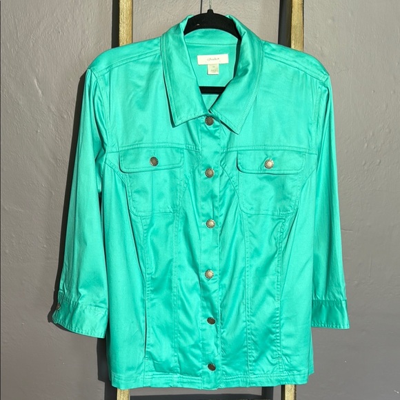 CJ Banks Teal Stretch Button-Up Blouse - Picture 1 of 7